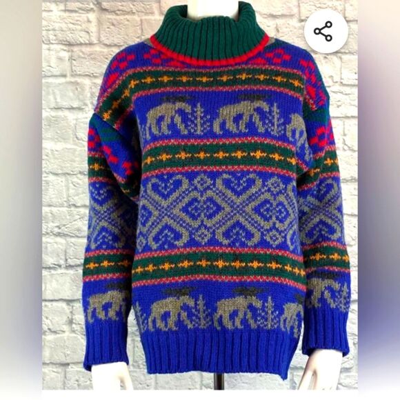 Vintage Eddie Bauer 1992 wool turtleneck Blue Green Moose Sweater  size L cozy - Picture 1 of 10